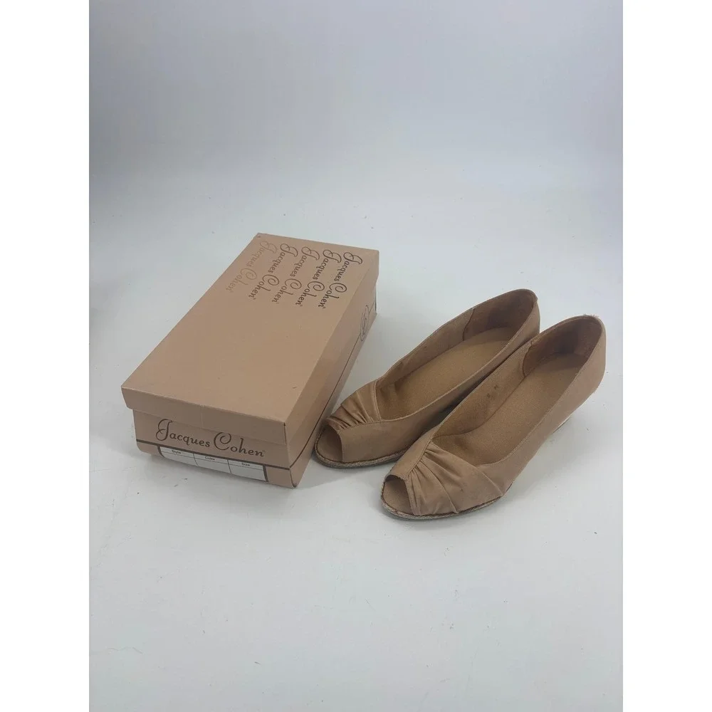 Jacques Cohen Espadrille Wedge Women 8M Jessy Beige Peep Toe Canvas Shoes